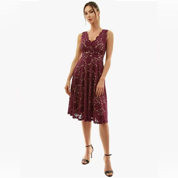 AmélieBoutik Women Floral Lace Overlay Fit and Flare Dress - Picture 1 of 9